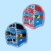 Two embroidered patches shaped like a masked ninja face, each split into text and illustration sections, with phrases promoting strength, confidence, and being a ninja, shown in blue, red, black, and white color variations on a light background.