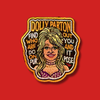 Dolly Parton embroidered patch with a gold border, purple outfit, and the words “Find out who you are and do it on purpose.”