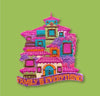 “Embroidered patch featuring a colorful stacked house with multiple windows and doors in pink, purple, teal, and orange tones, with decorative stitched text along the bottom.”