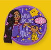 Embroidered patch with a girl and dog on a purple background with text 'I wish upon a star' and 'I can speak'.